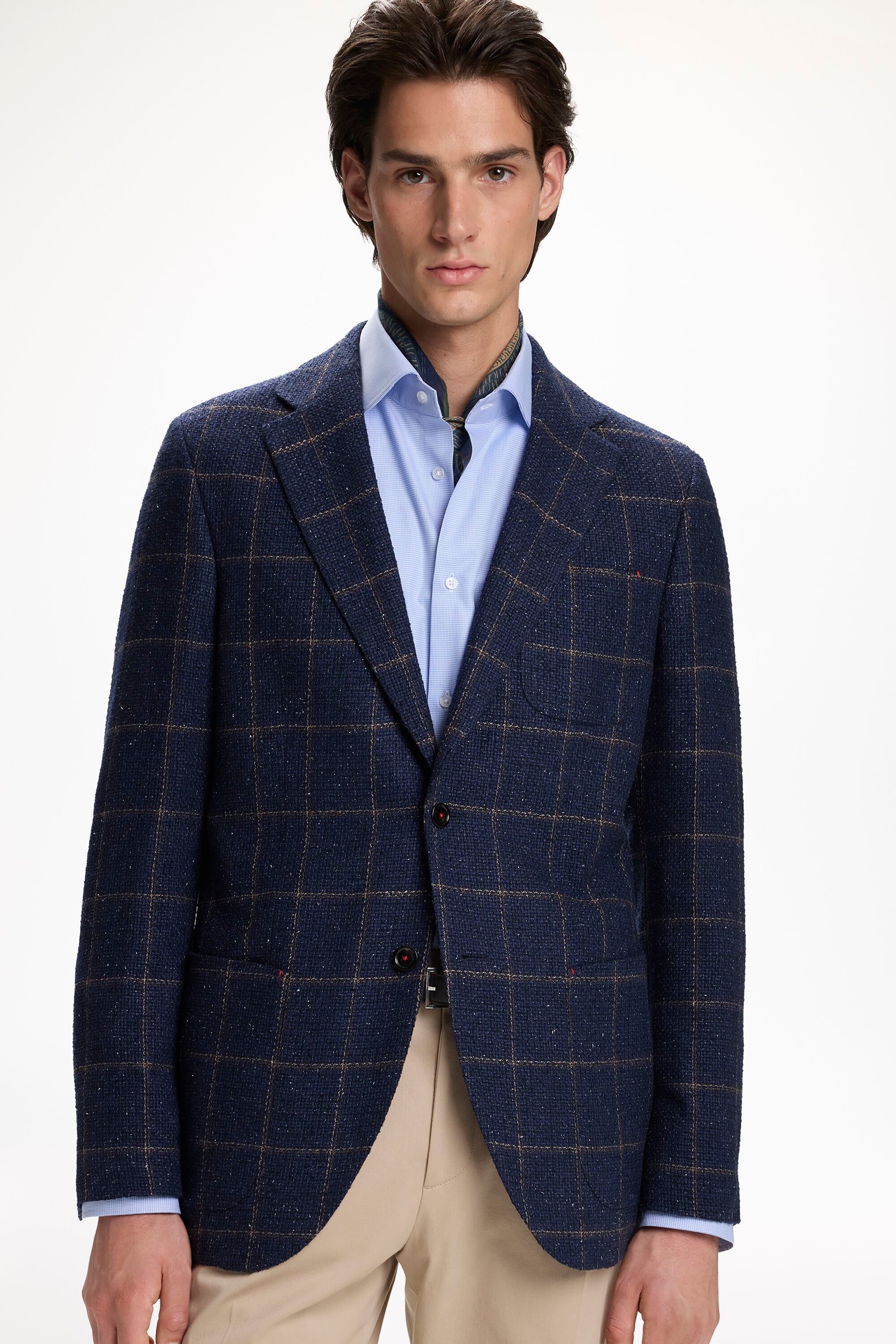 Windowpane Checkered Wool and Silk Relaxed Fit Blazer - Ink blue/Brown