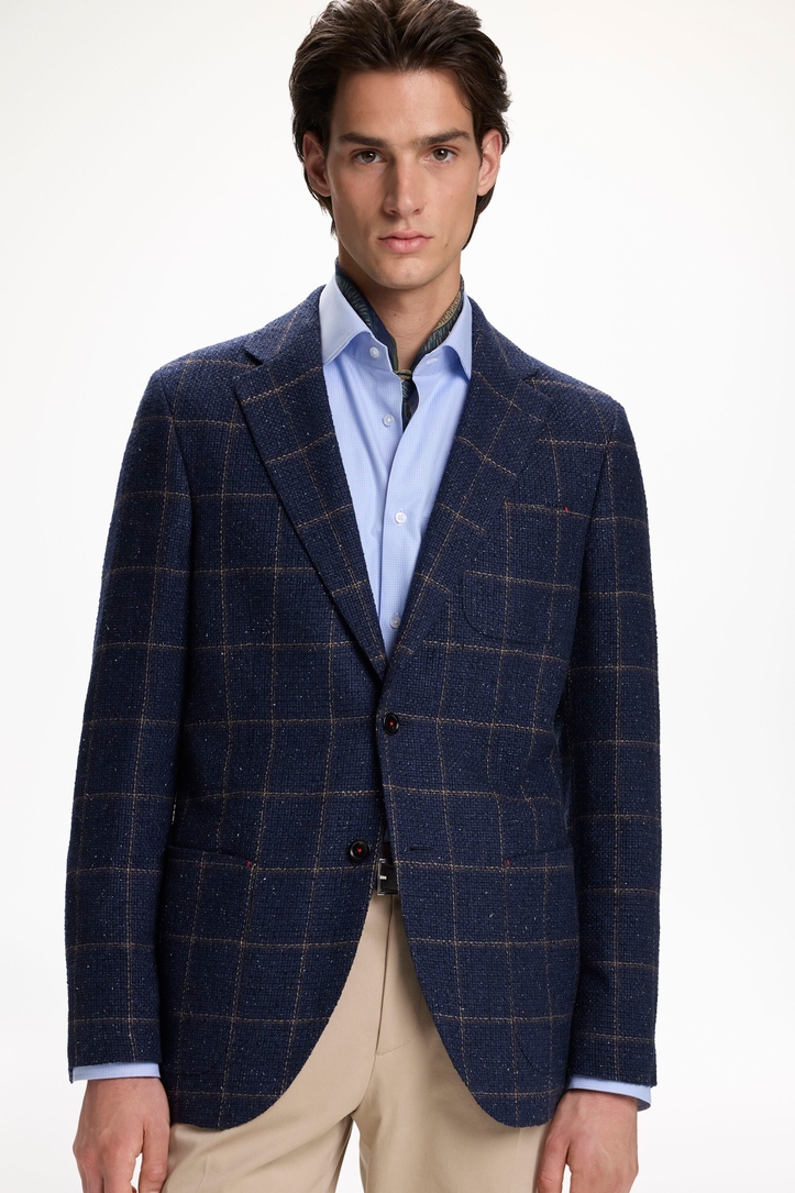 Windowpane Checkered Wool and Silk Relaxed Fit Blazer