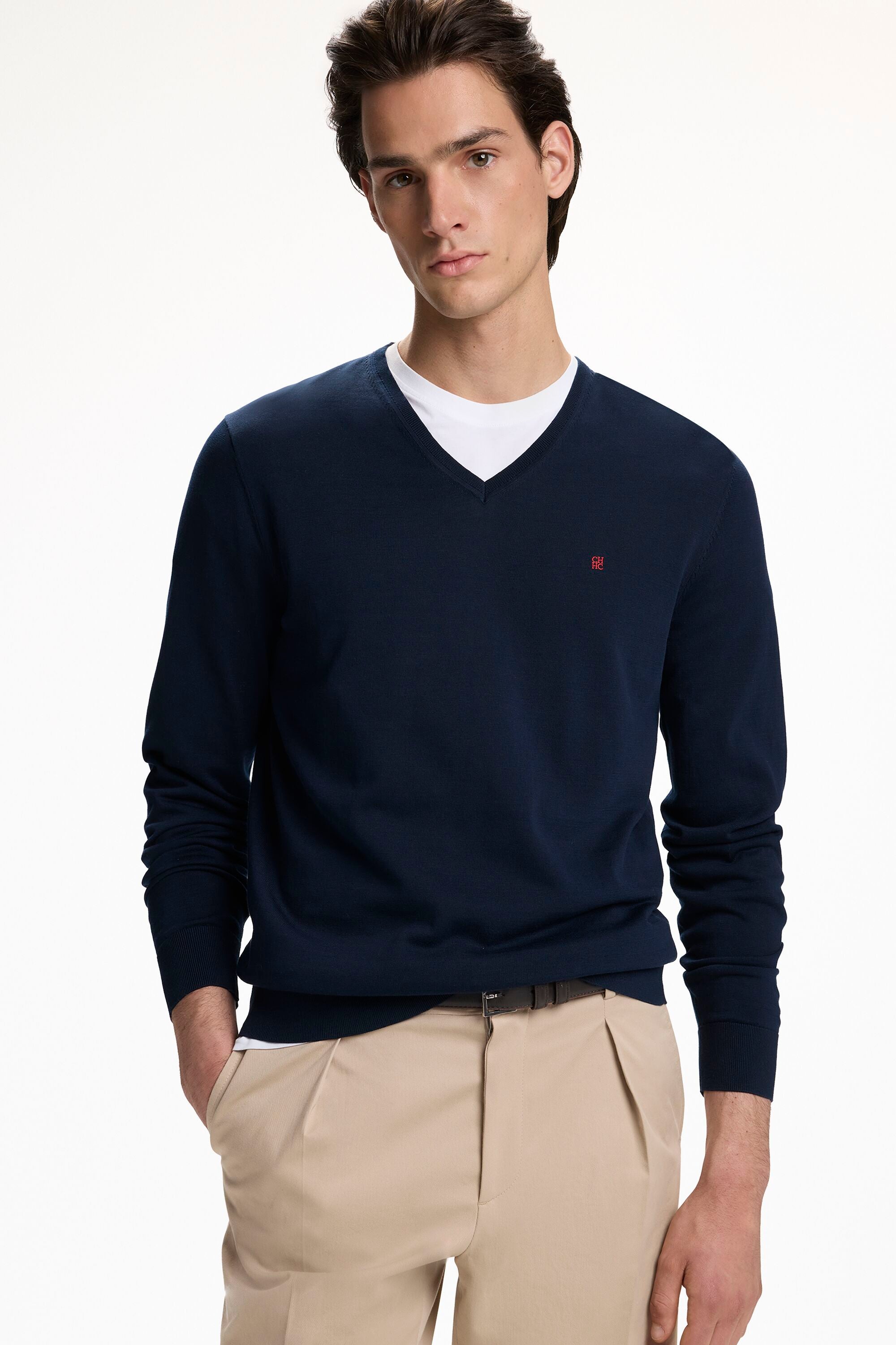 Gassed Cotton V-Neck Sweater navy - CH Carolina Herrera United States
