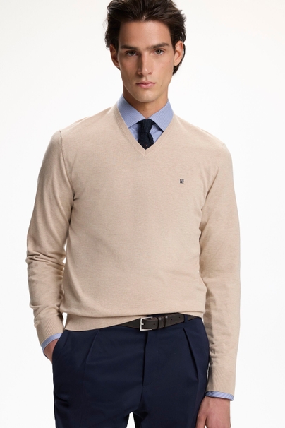 Gassed Cotton V-Neck Sweater - BEIGE MELANGE