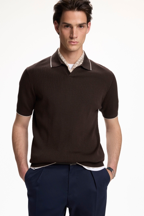 RIBBED KNIT OPEN POLO SHIRT