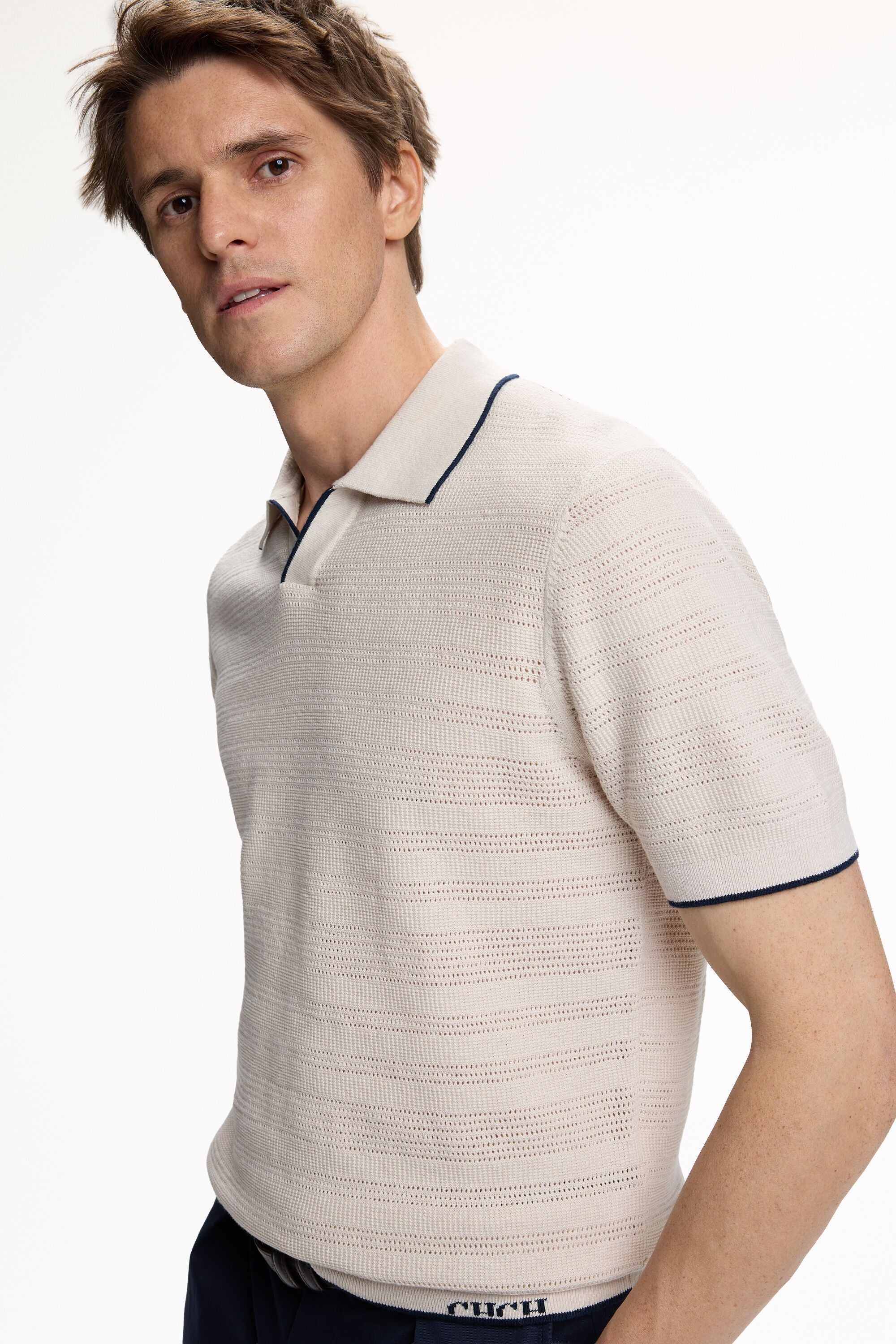 Striped Open Collar Pointelle Knit Polo Shirt beige - CH Carolina