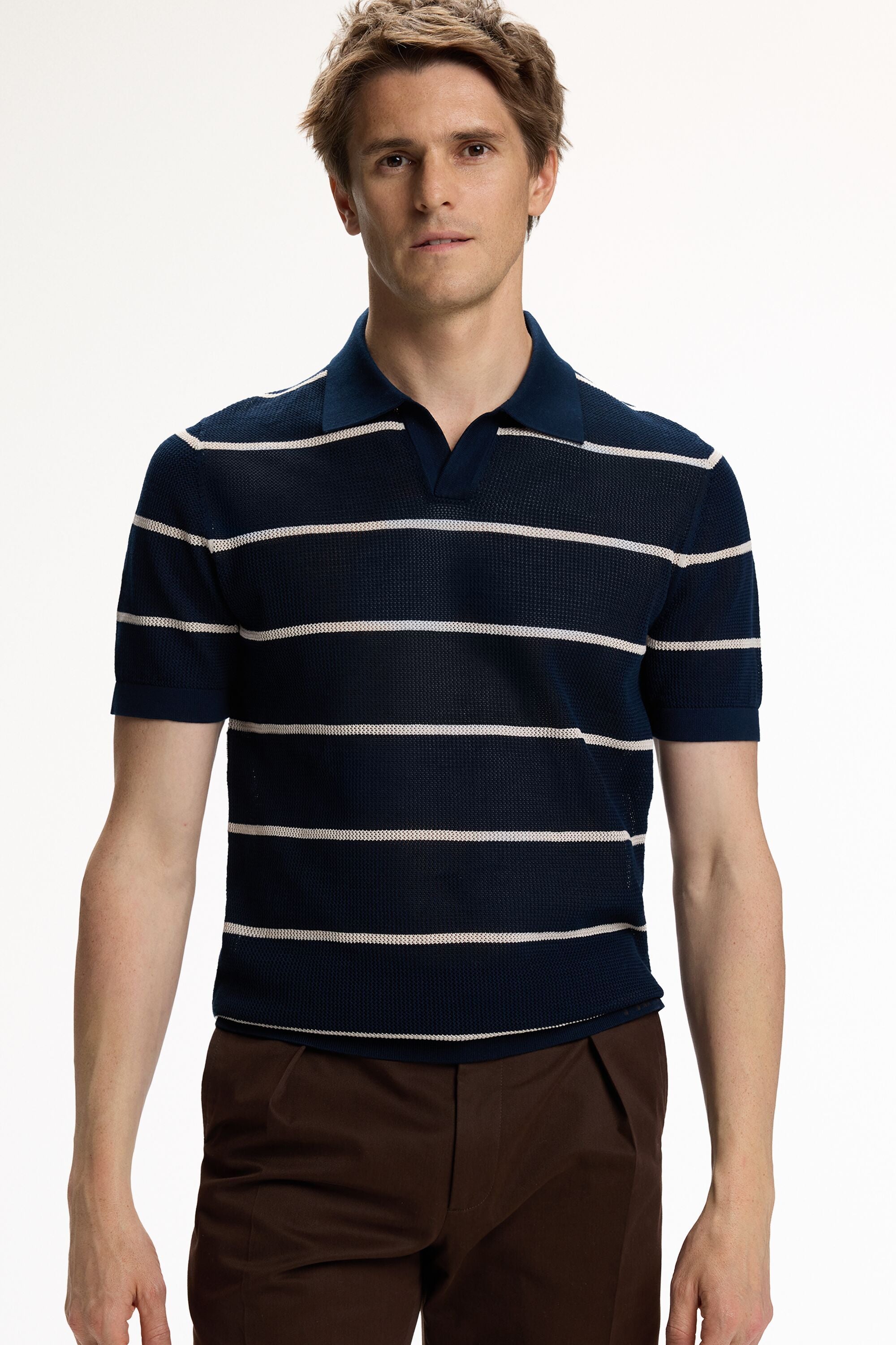Striped Open Collar Pointelle Knit Polo Shirt navy/beige - CH