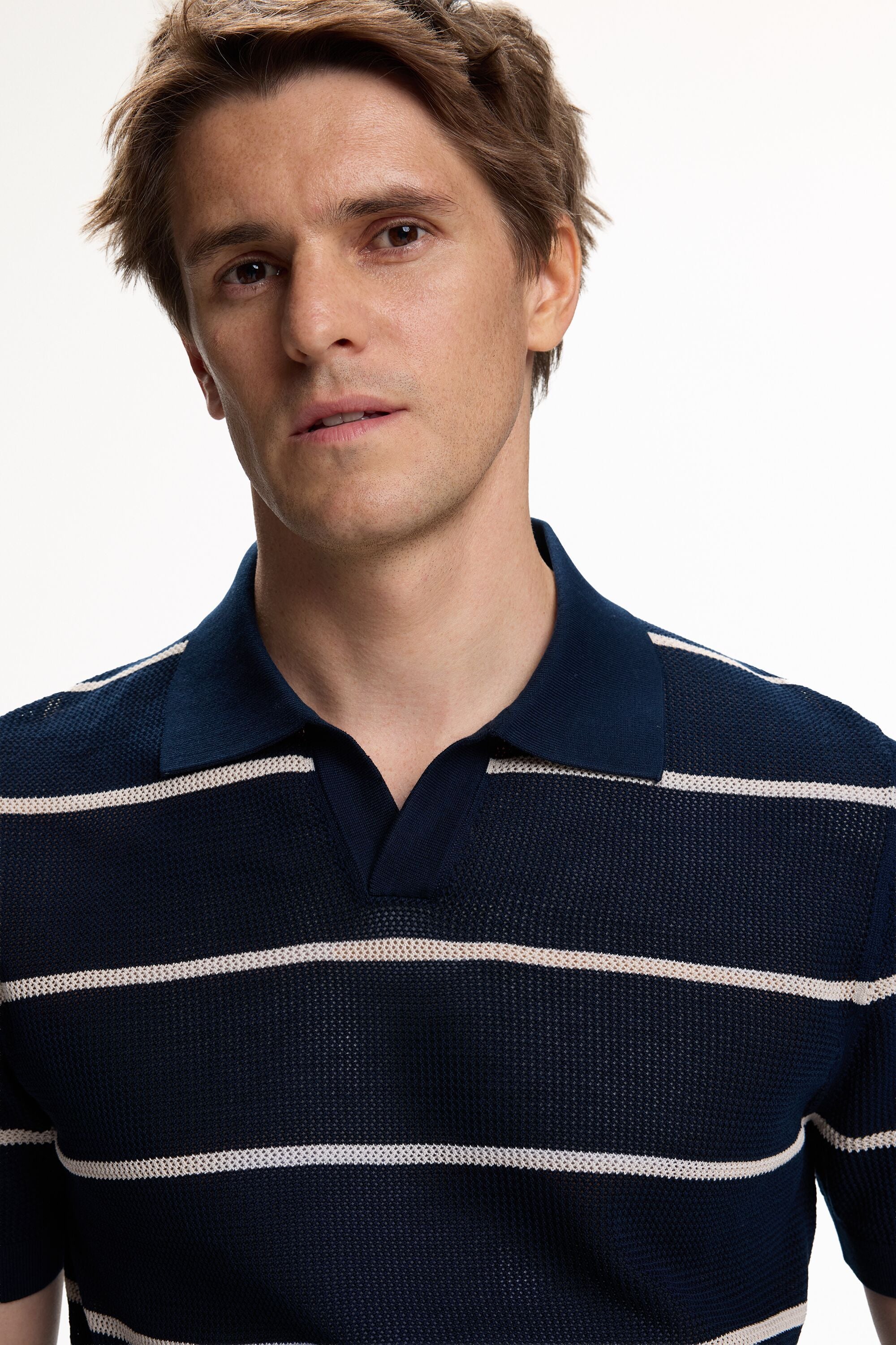 Striped Open Collar Pointelle Knit Polo Shirt navy/beige - CH