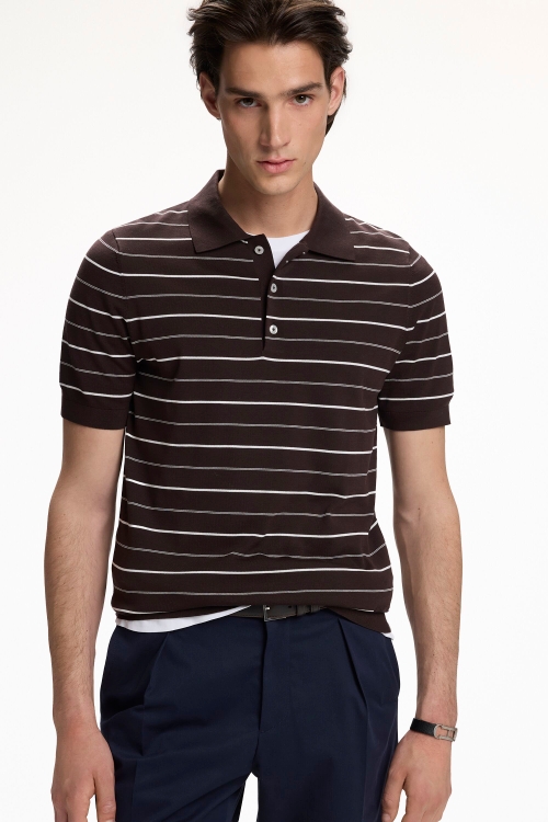 STRIPED SILK KNIT POLO SHIRT