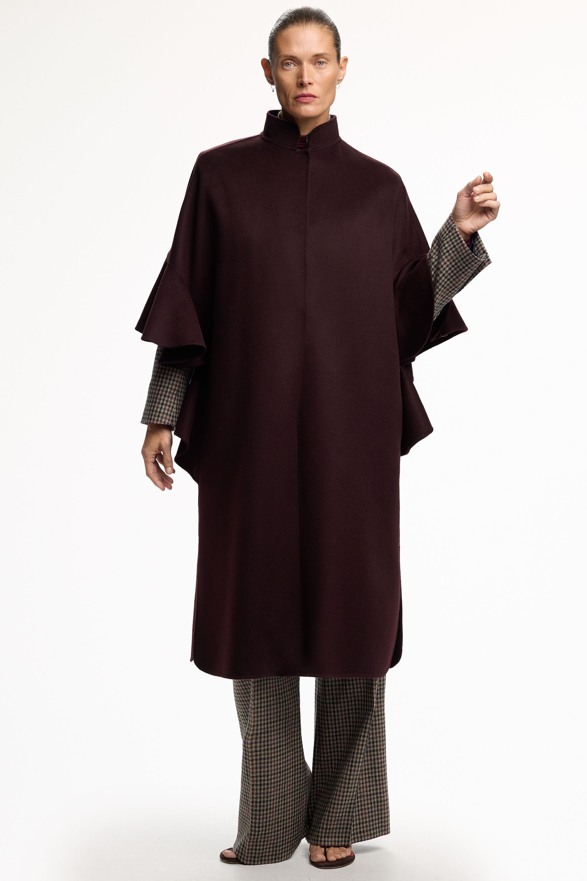 Double-Faced Wool Cape Coat with Flounces - AUBERGINE