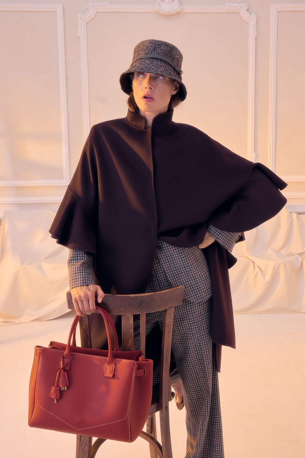 DOUBLE-FACED WOOL CAPE COAT WITH FLOUNCES