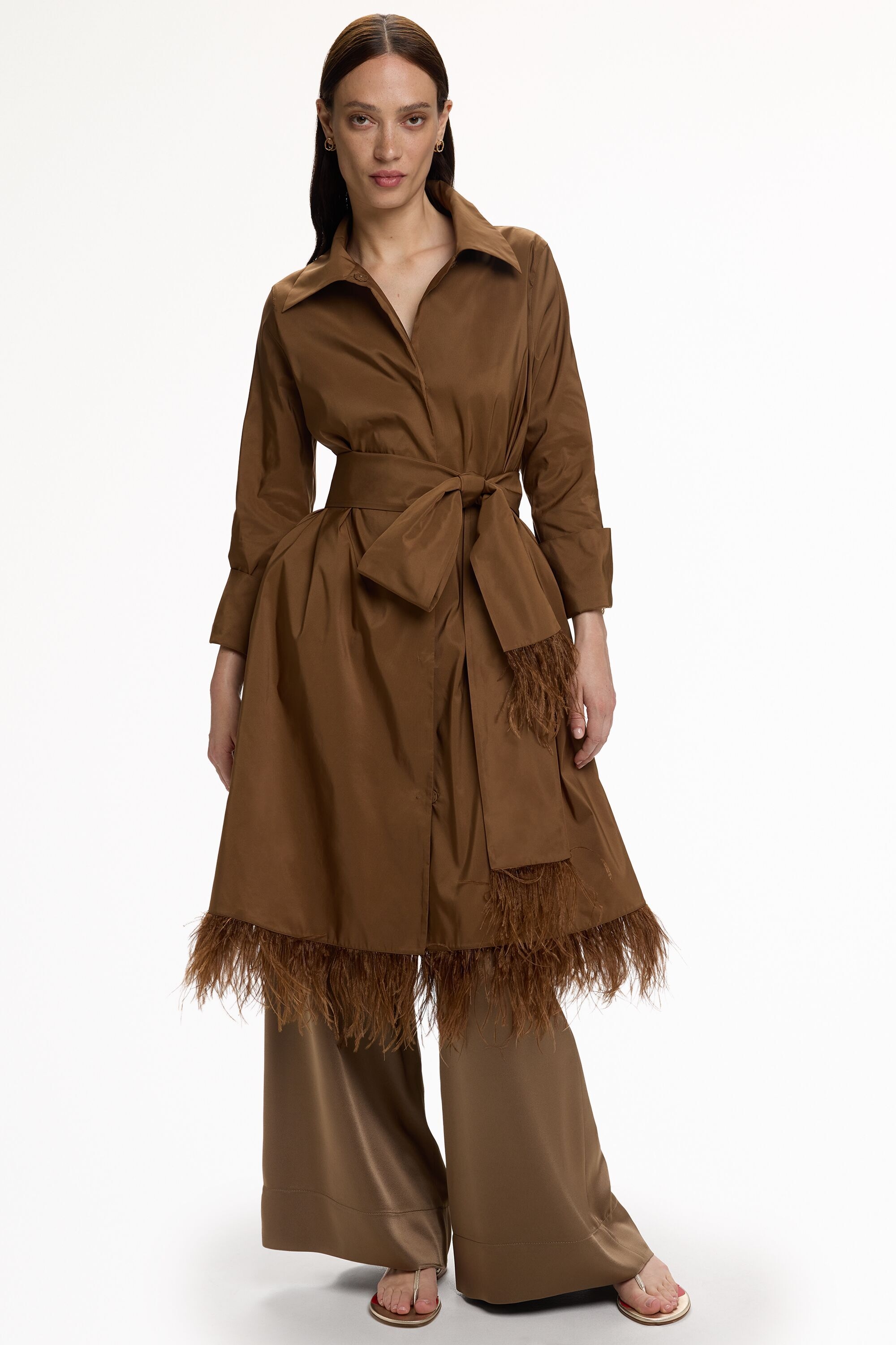 Taffeta A-Line Coat with Feathers