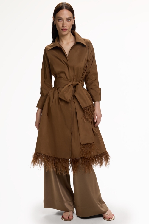 TAFFETA A-LINE COAT WITH FEATHERS
