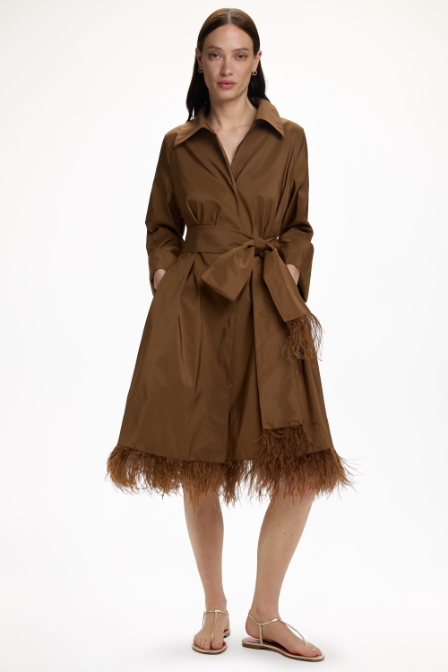 TAFFETA A-LINE COAT WITH FEATHERS