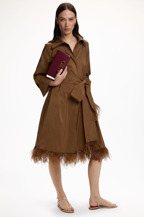 TAFFETA A-LINE COAT WITH FEATHERS