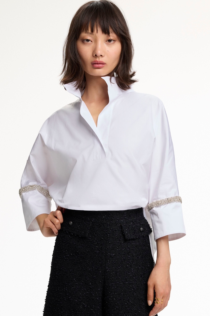 Poplin Oversize White Shirt with Rhinestones
