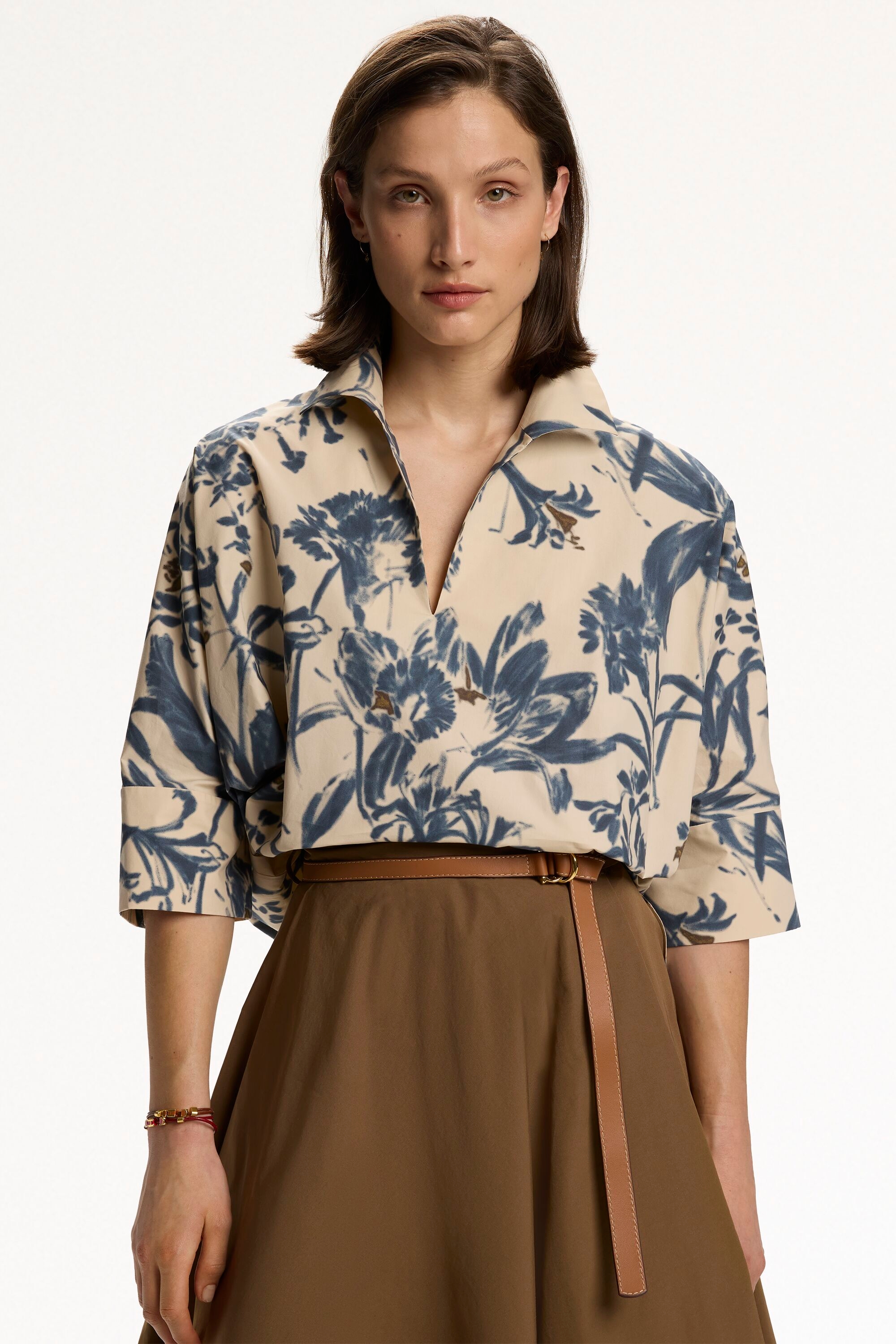 Print Poplin Cocoon-Fit Shirt