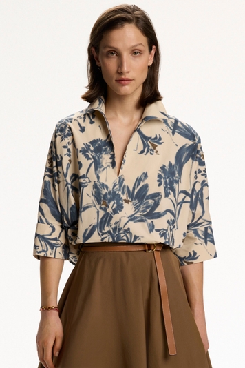 Print Poplin Cocoon-Fit Shirt