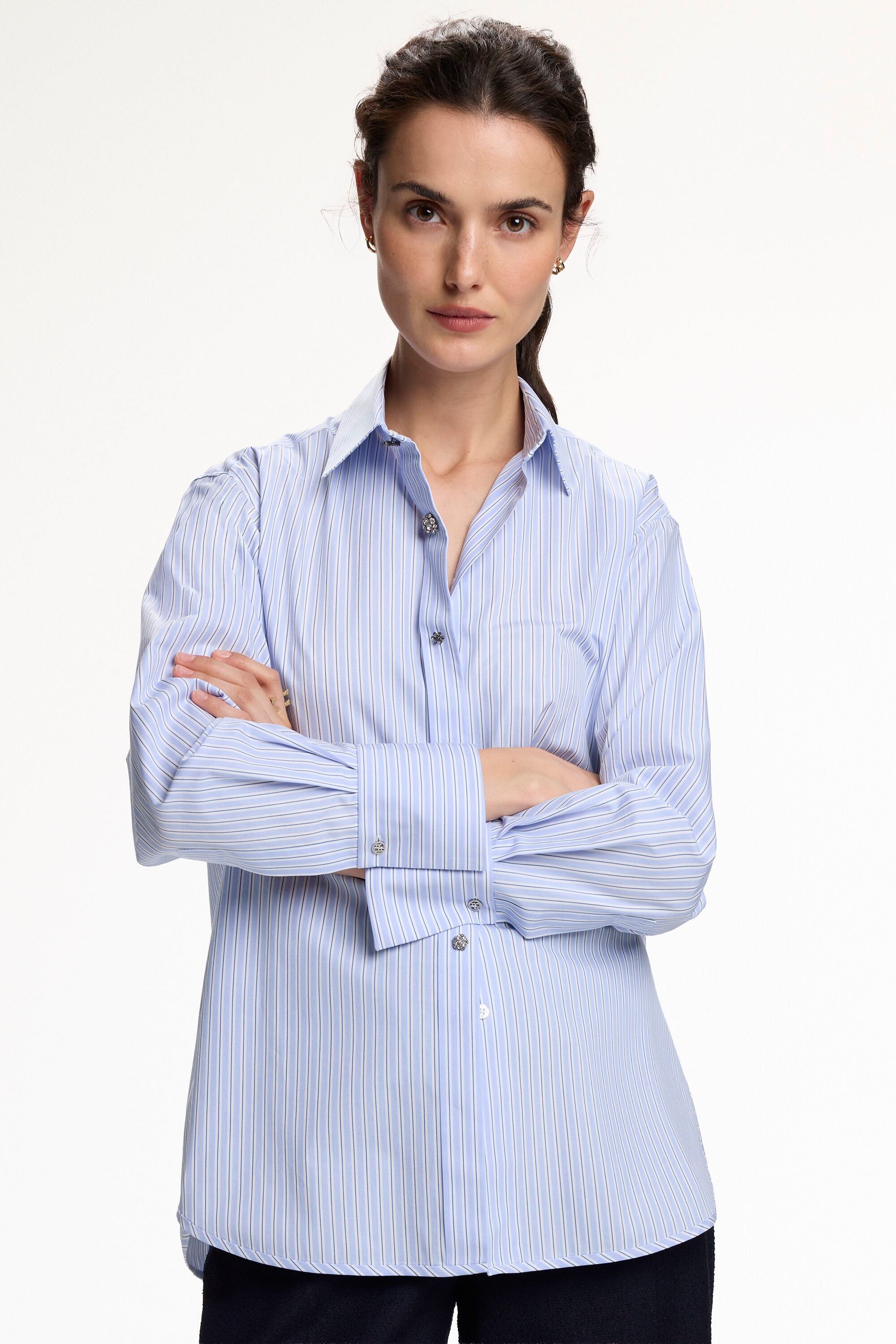 Striped Poplin Straight-Fit Shirt with Jewel Buttons