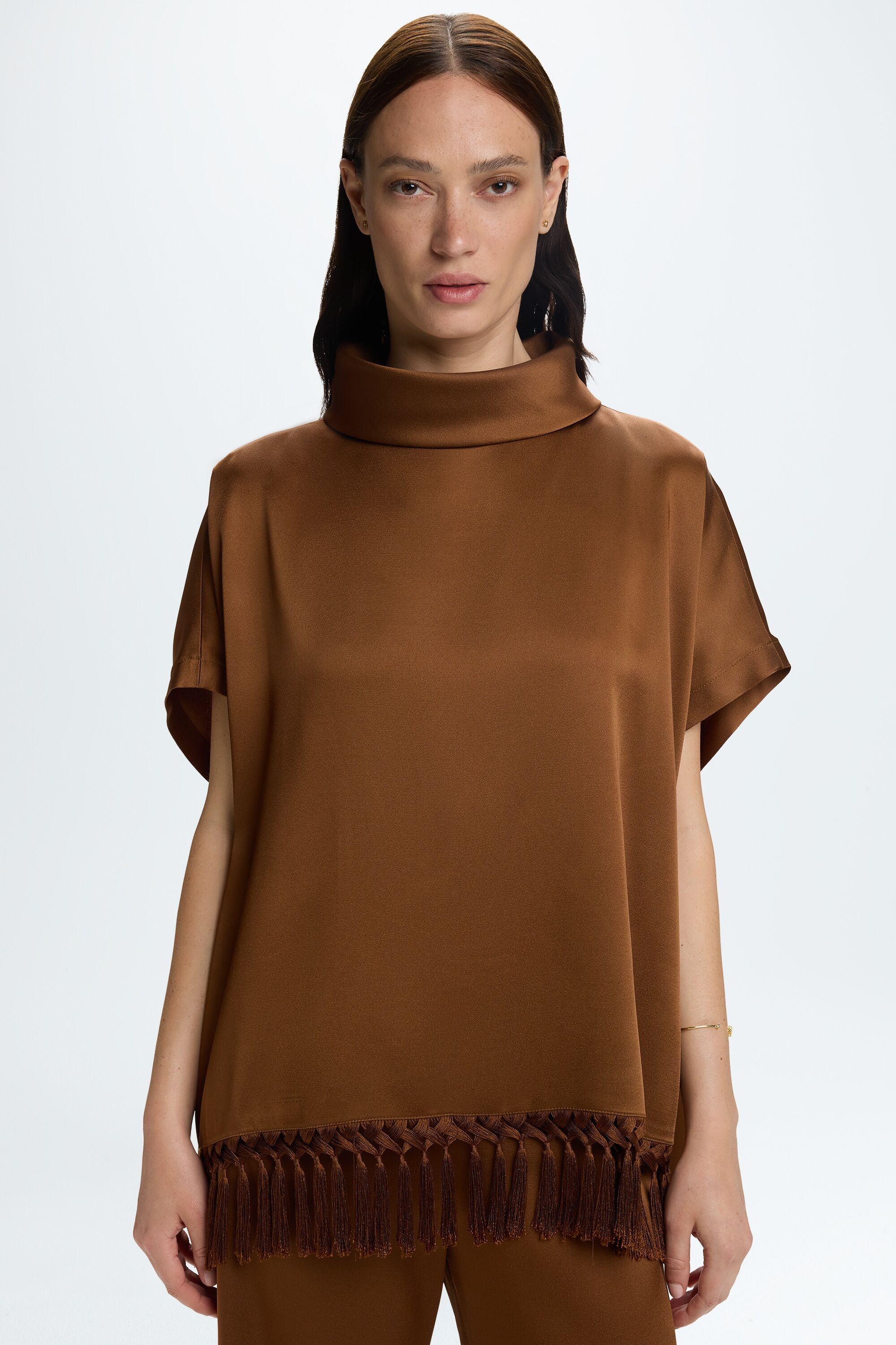 Satin Crepé Oversize Top with Fringes