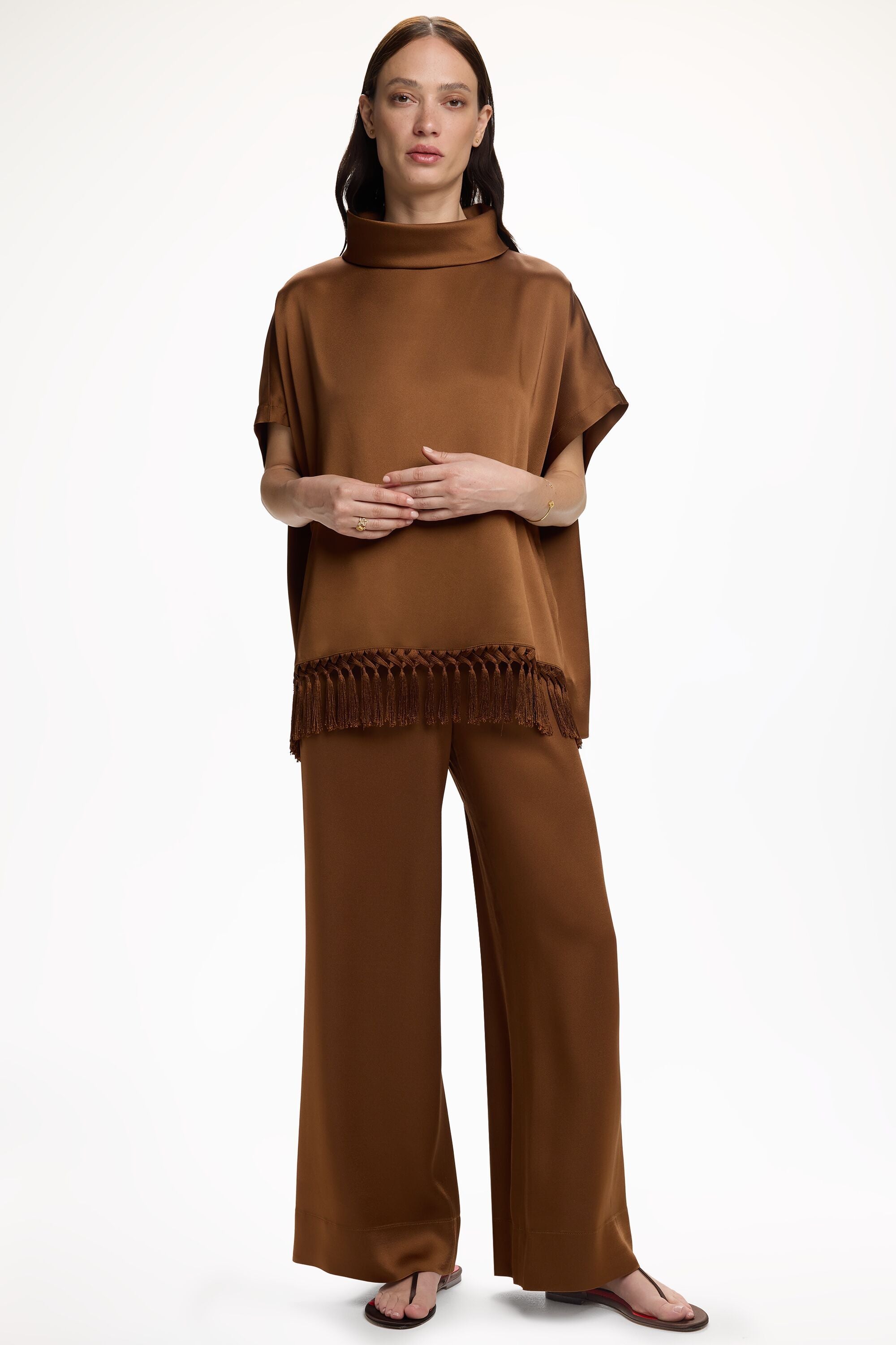 Satin Crepé Oversize Top with Fringes brown - CH Carolina Herrera