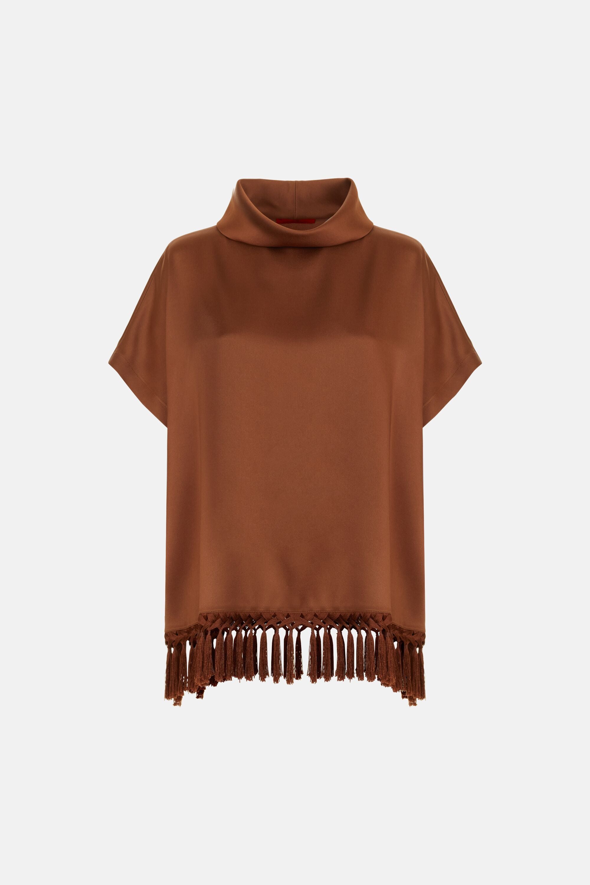 Satin Crepé Oversize Top with Fringes brown - CH Carolina Herrera