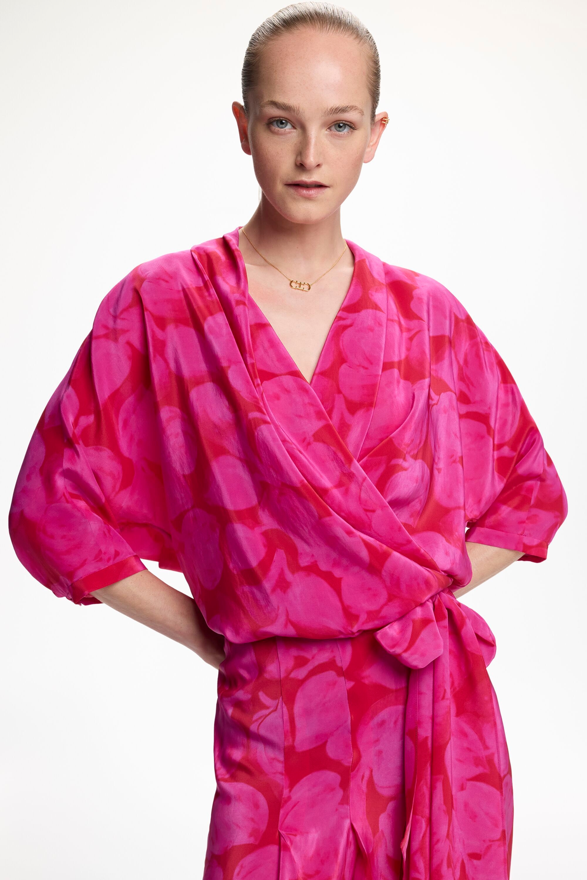 Print Silk Wrap Top - PINK/RED