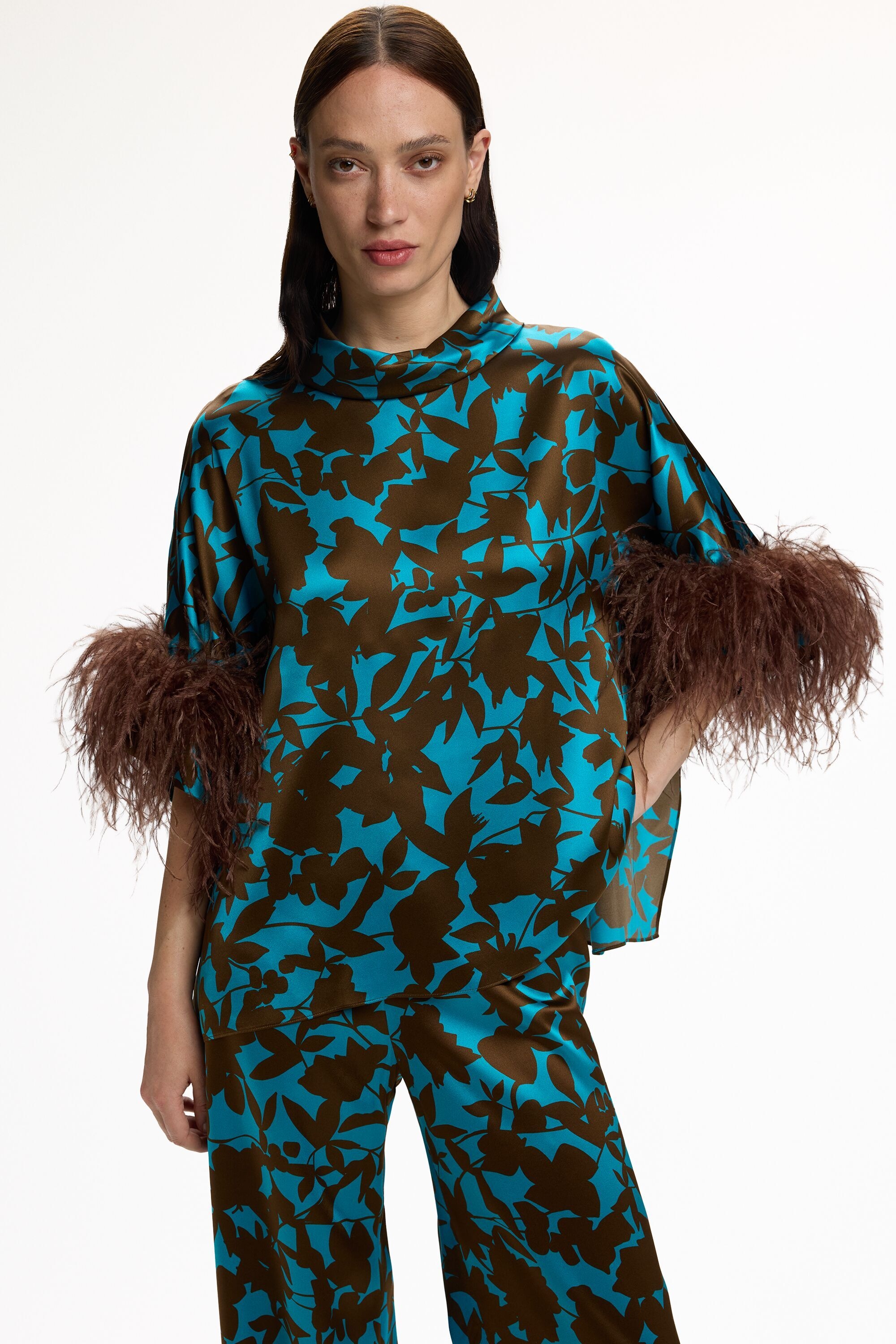 Print Silk Satin Oversize Top with Feathers