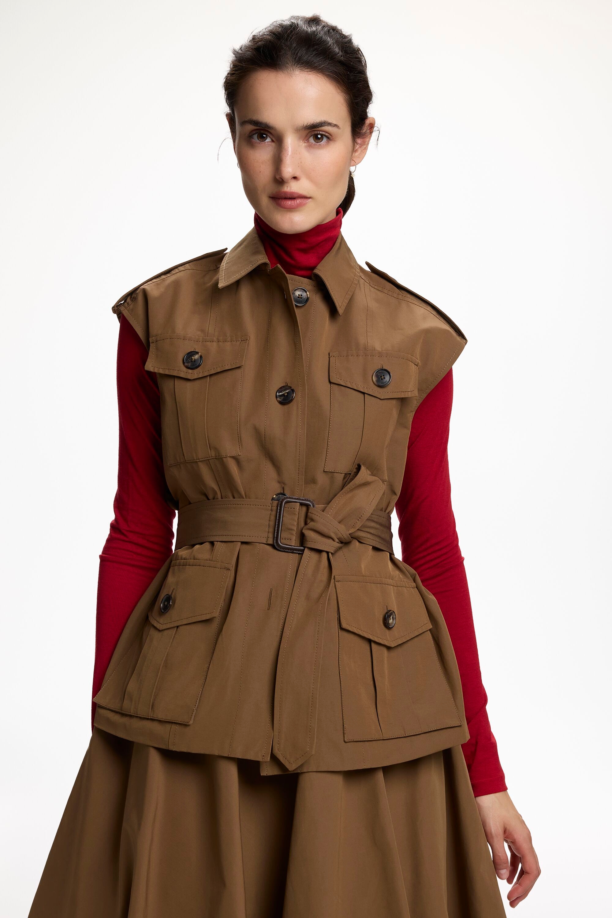 Ottoman Straight-Fit Vest with Belt - BROWN