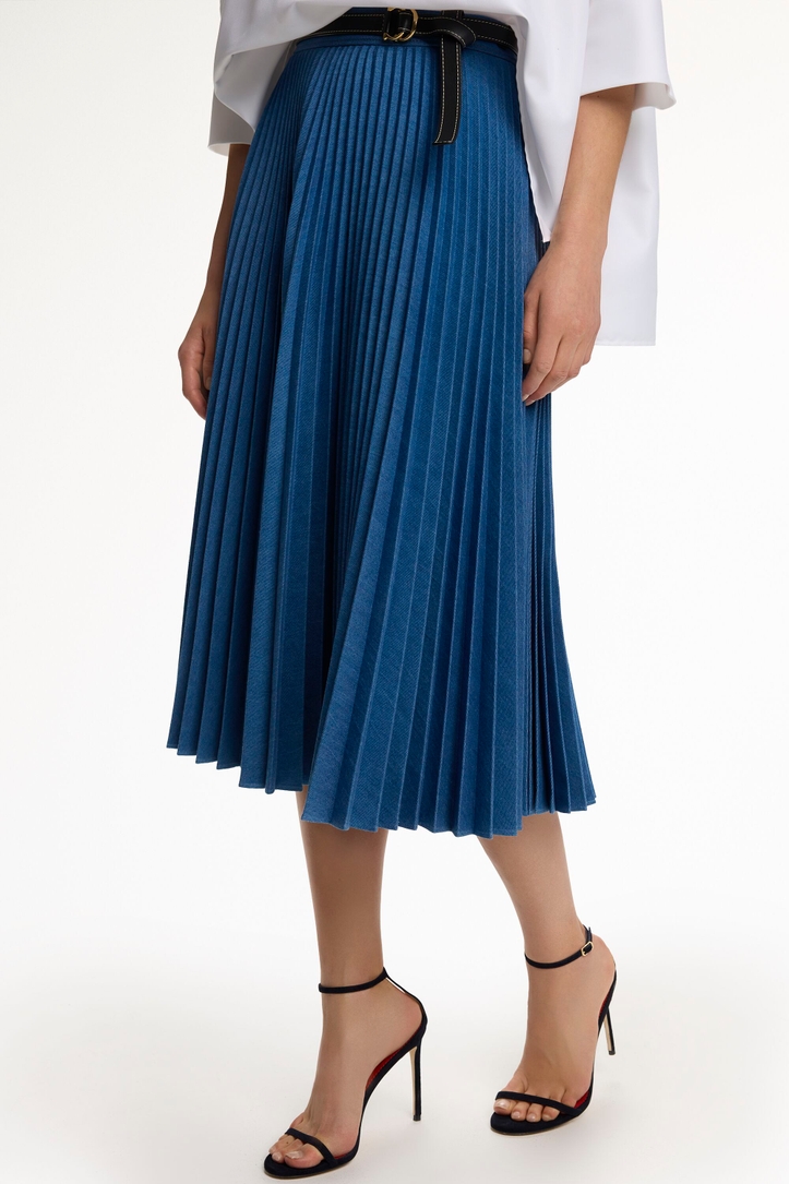 Cotton Denim Pleated Midi Skirt