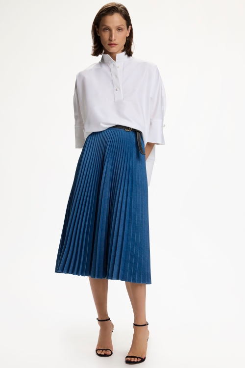 COTTON DENIM PLEATED MIDI SKIRT