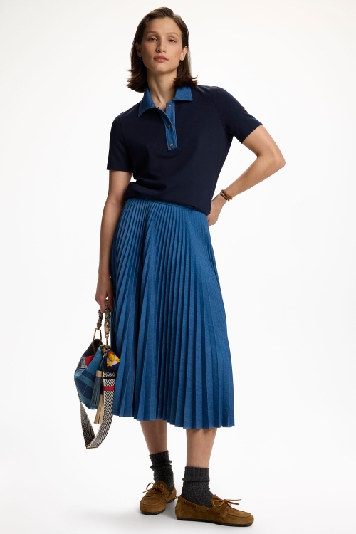 COTTON DENIM PLEATED MIDI SKIRT