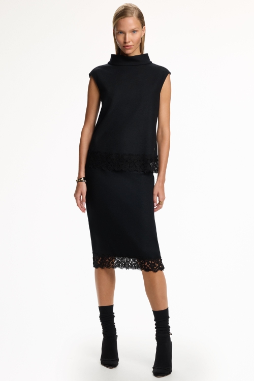 WOOL KNIT FITTED SKIRT WITH LACE