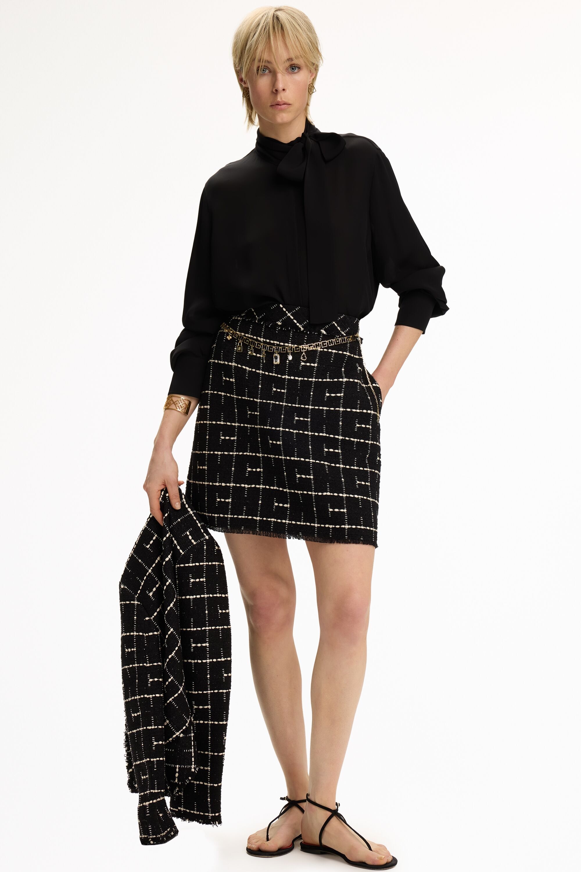 CH2020 Tweed A-Line Mini Skirt - BLACK/WHITE