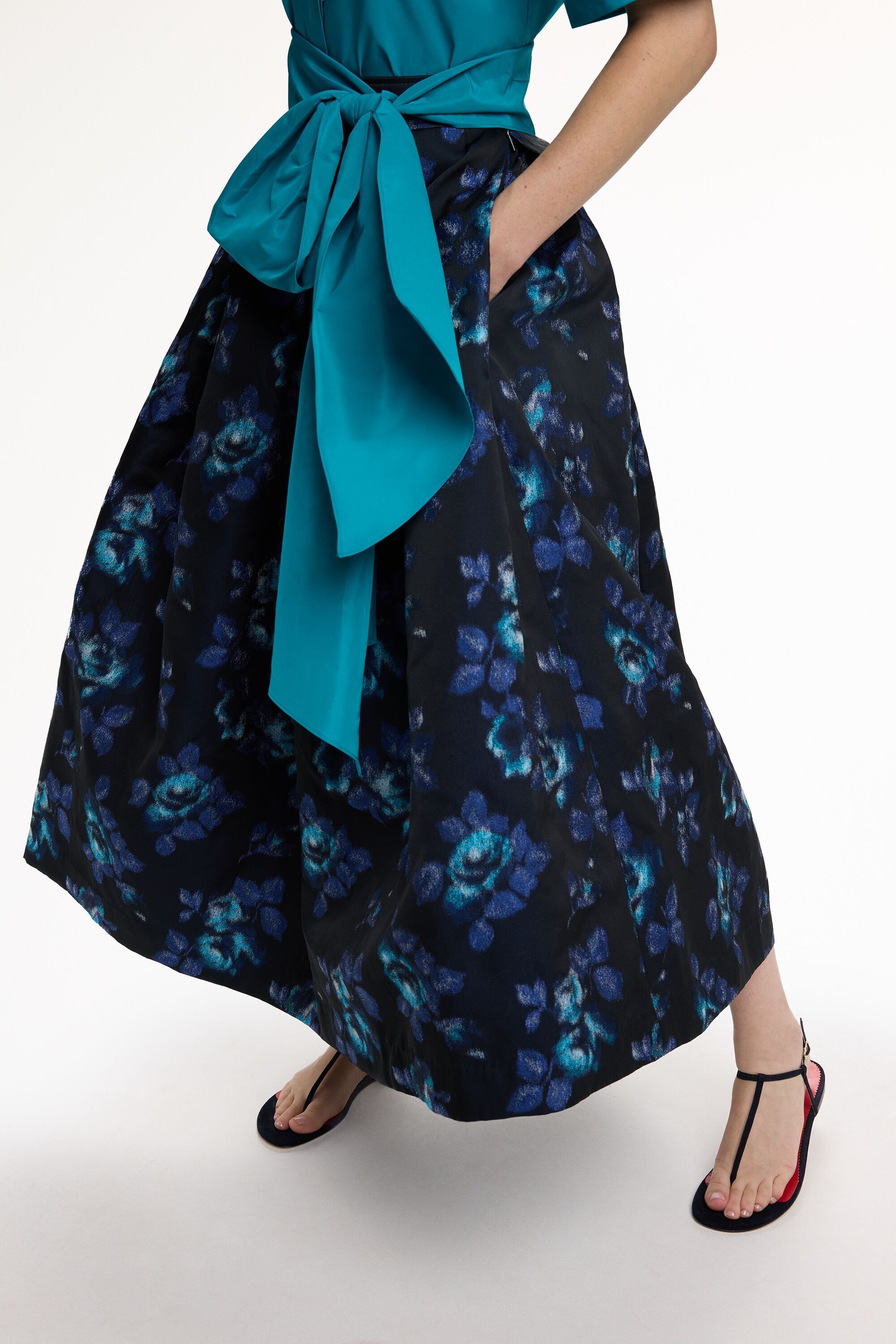 Floral Jacquard Midi Skirt with Sash