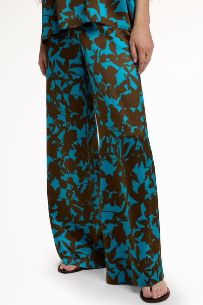 Print Silk Satin Long Pants - BLUE/BROWN