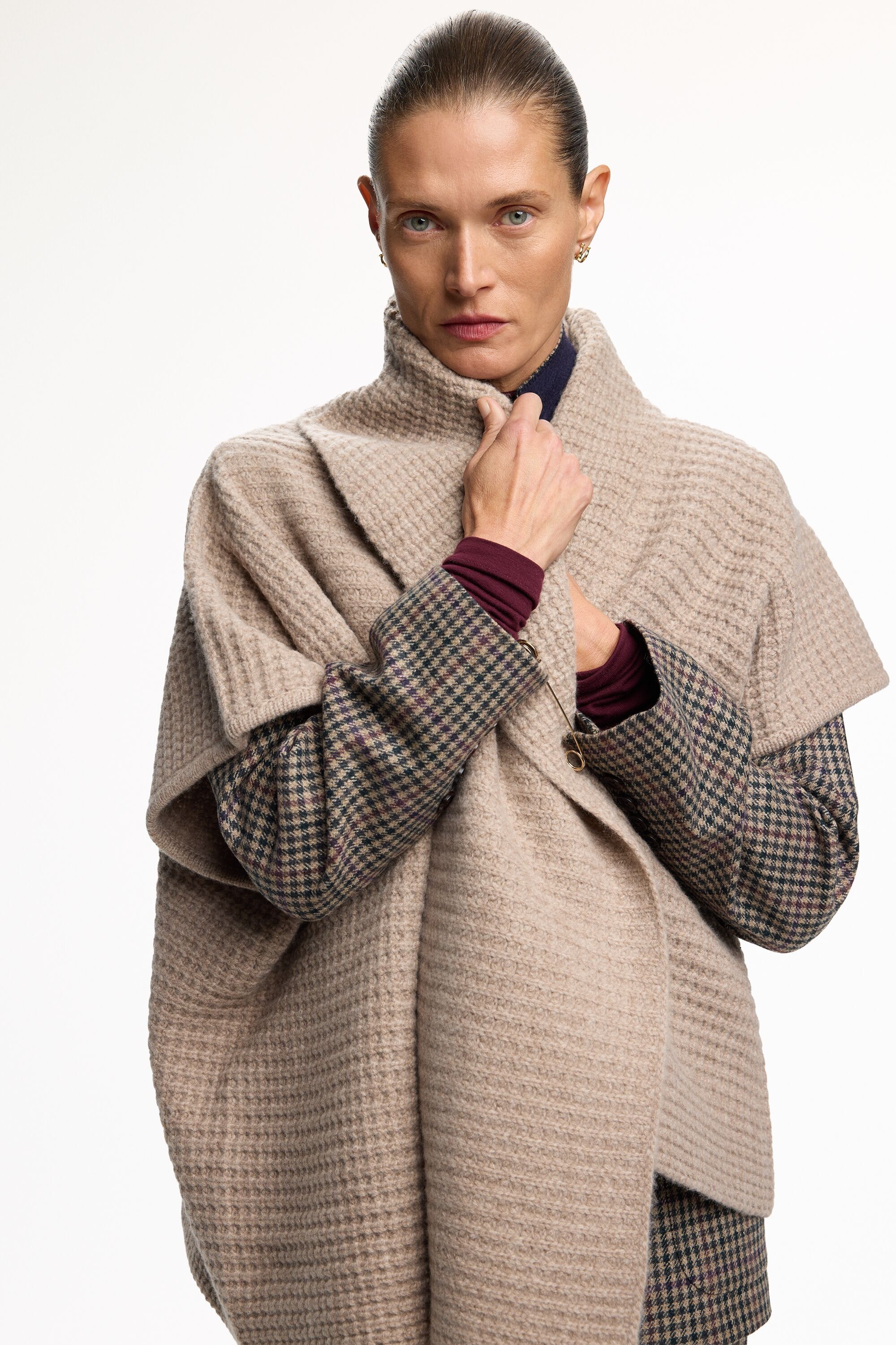 Merino Wool Knit Double-Breasted Poncho