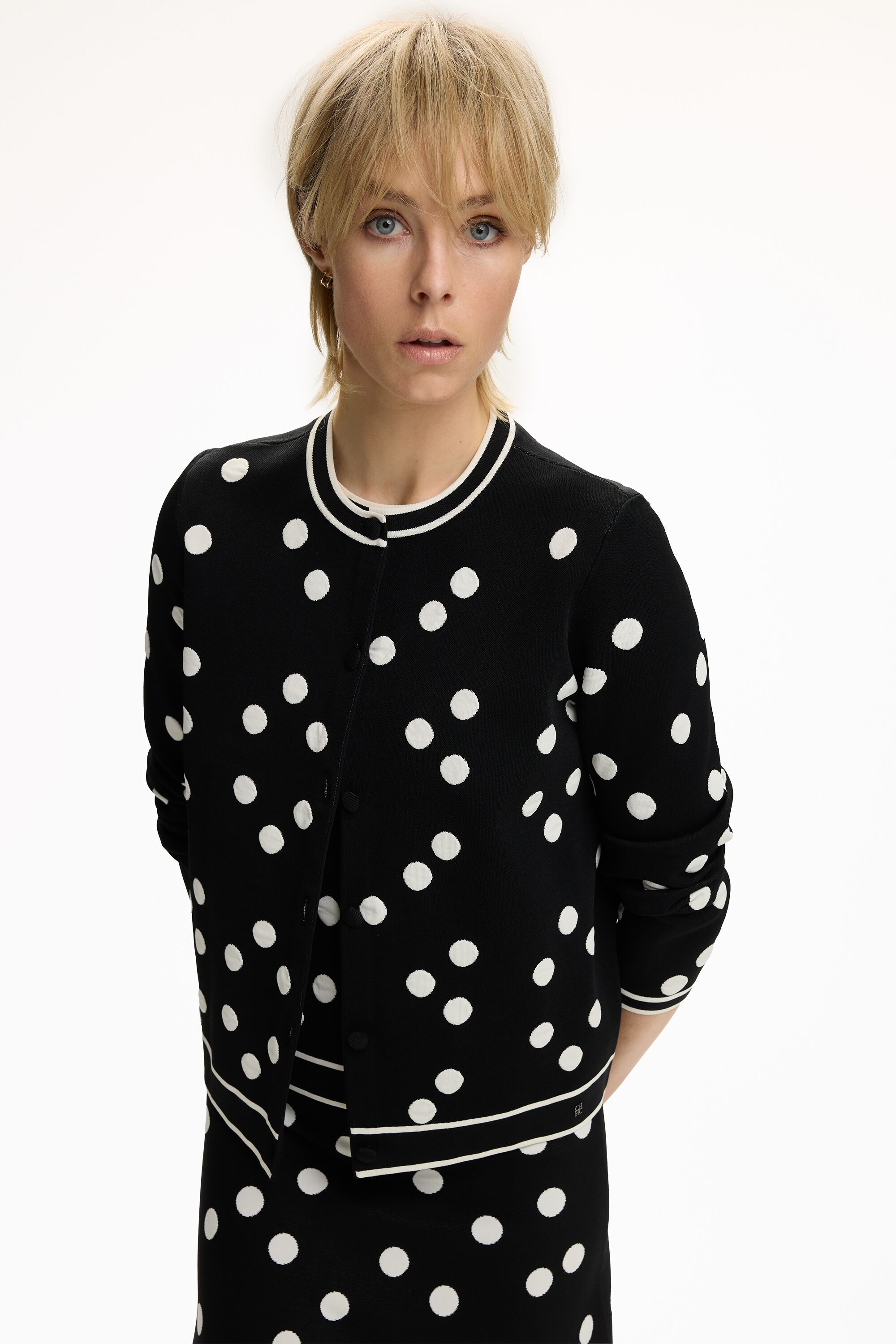 Polka Dots Jacquard Knit Straight-Fit Jacket - BLACK/IVORY