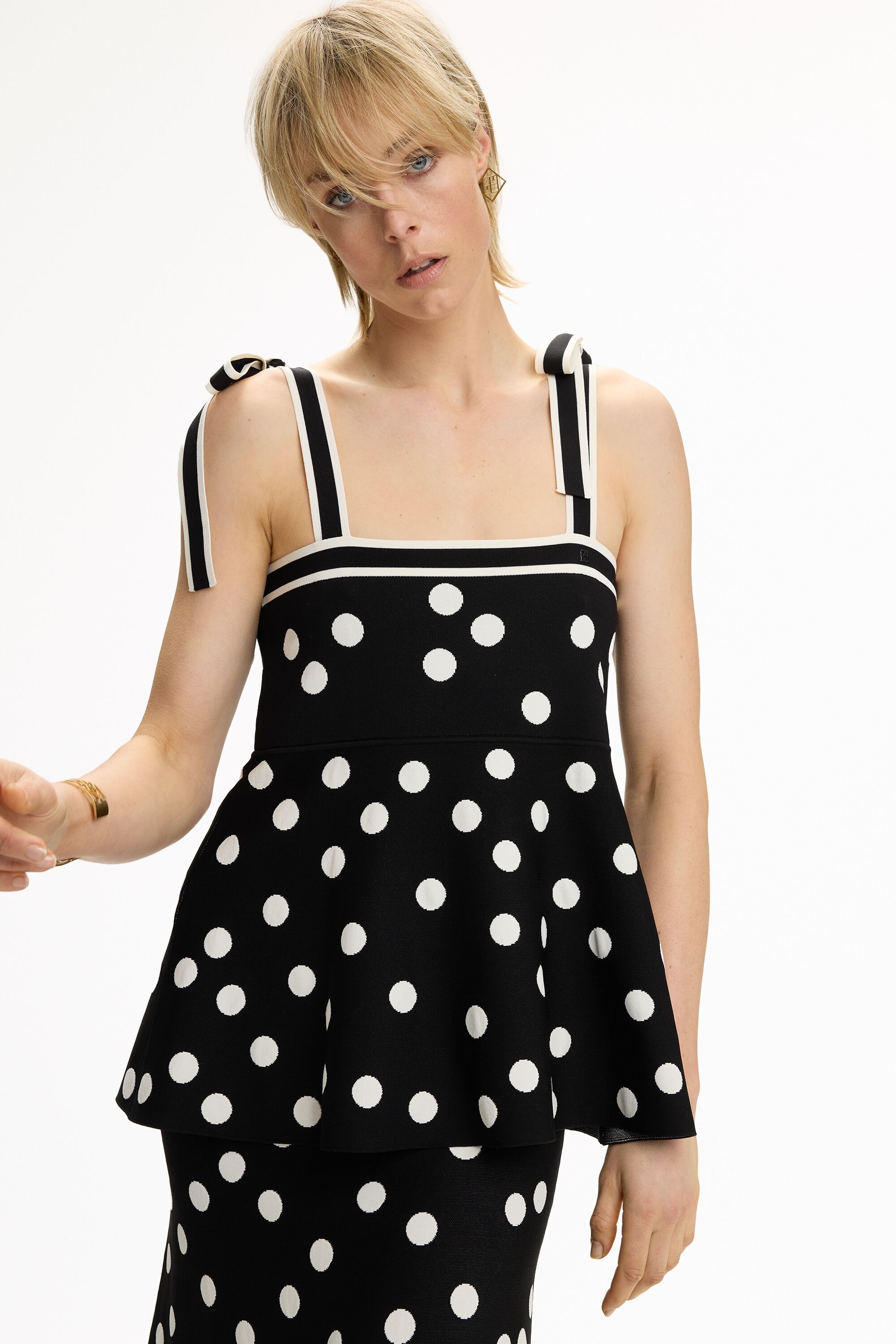 Top Péplum de Punto Jacquard de Lunares - NEGRO/IVORY