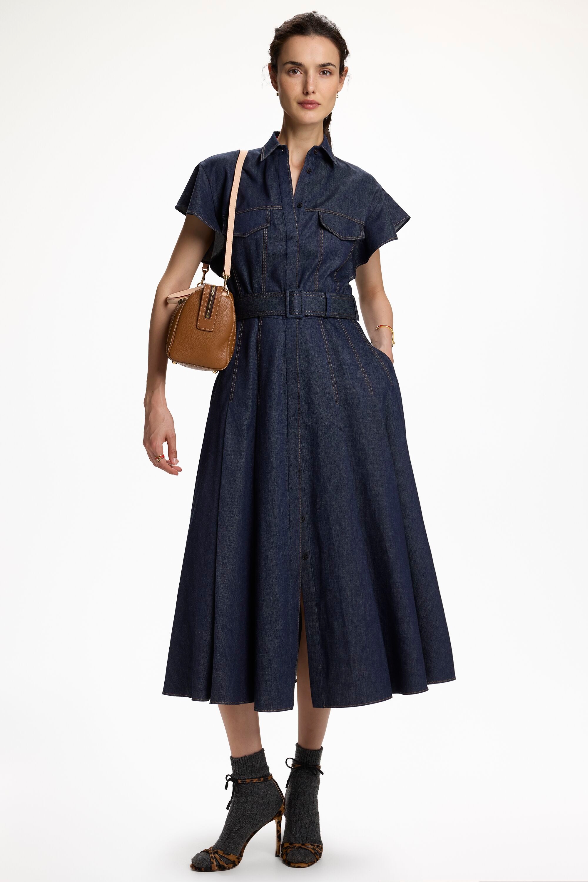 Cotton Denim Dress with Flounces