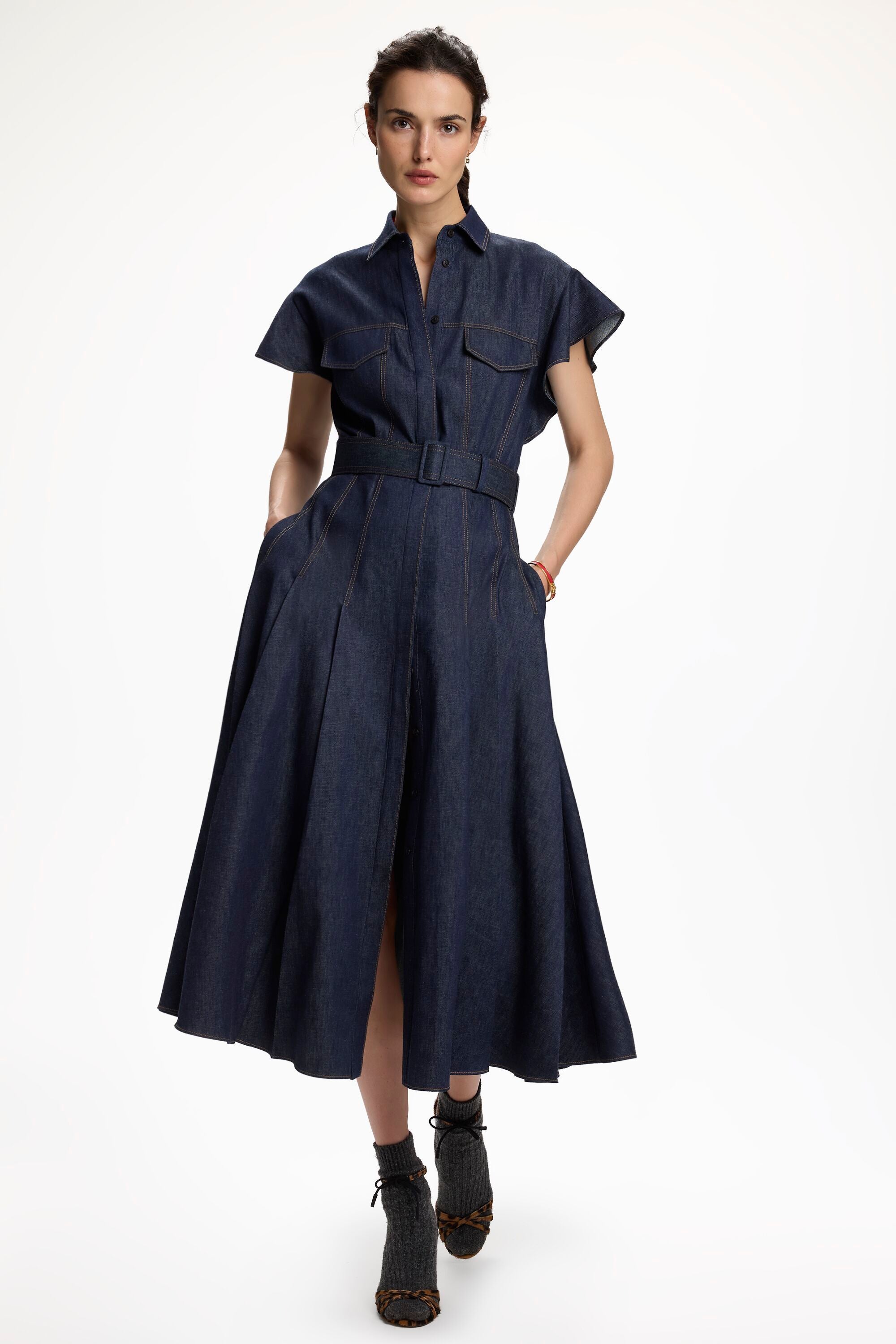 carolina herrera off shoulder denim dress Carolina Herrera Polka Dot Denim A-Line Midi Dress