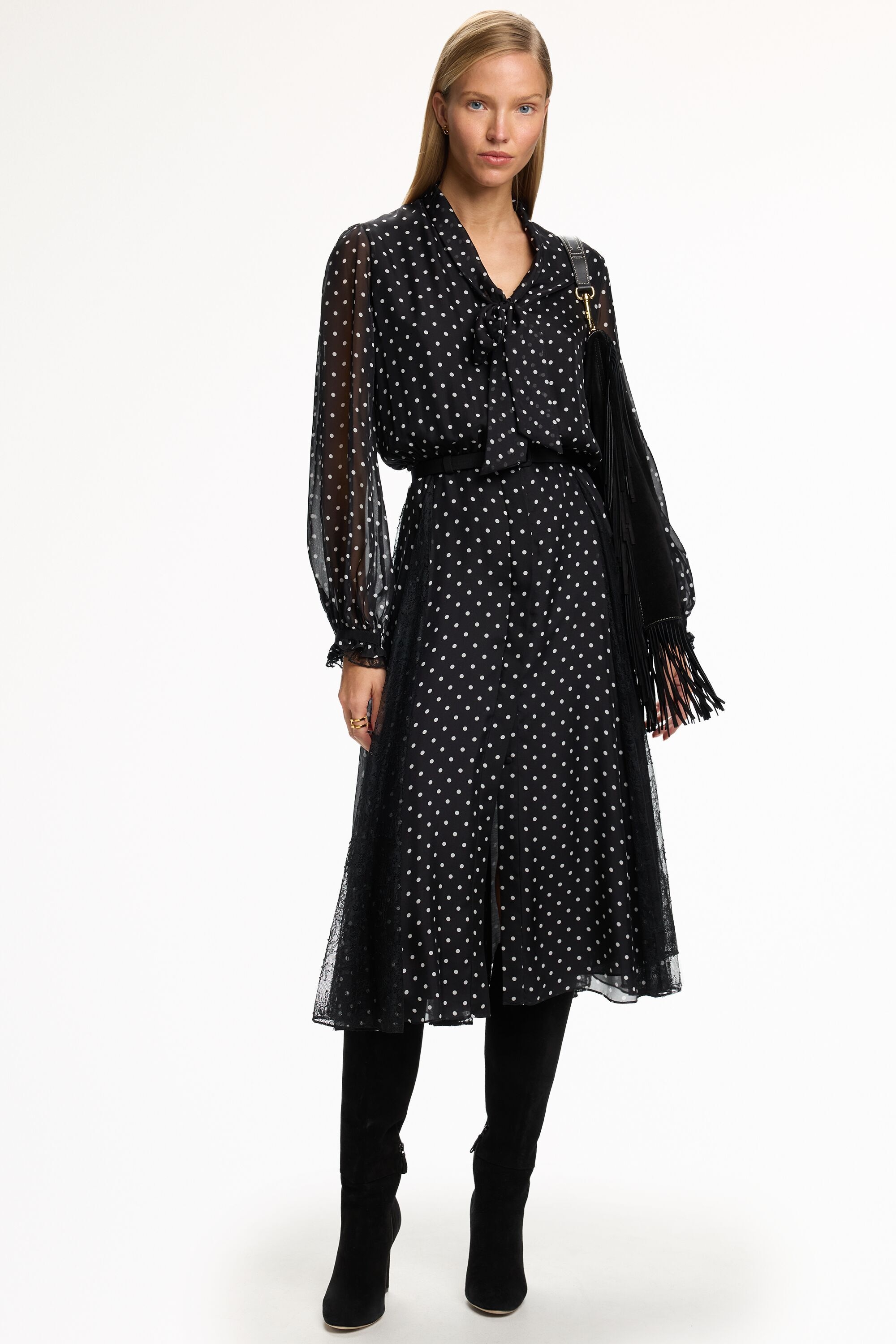 Polka Dots Print Silk Chiffon Shirt Dress with Lace - BLACK/IVORY