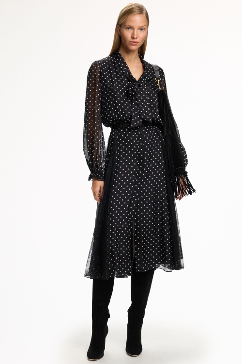 POLKA DOTS PRINT SILK CHIFFON SHIRT DRESS WITH LACE
