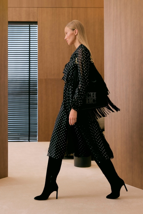 POLKA DOTS PRINT SILK CHIFFON SHIRT DRESS WITH LACE