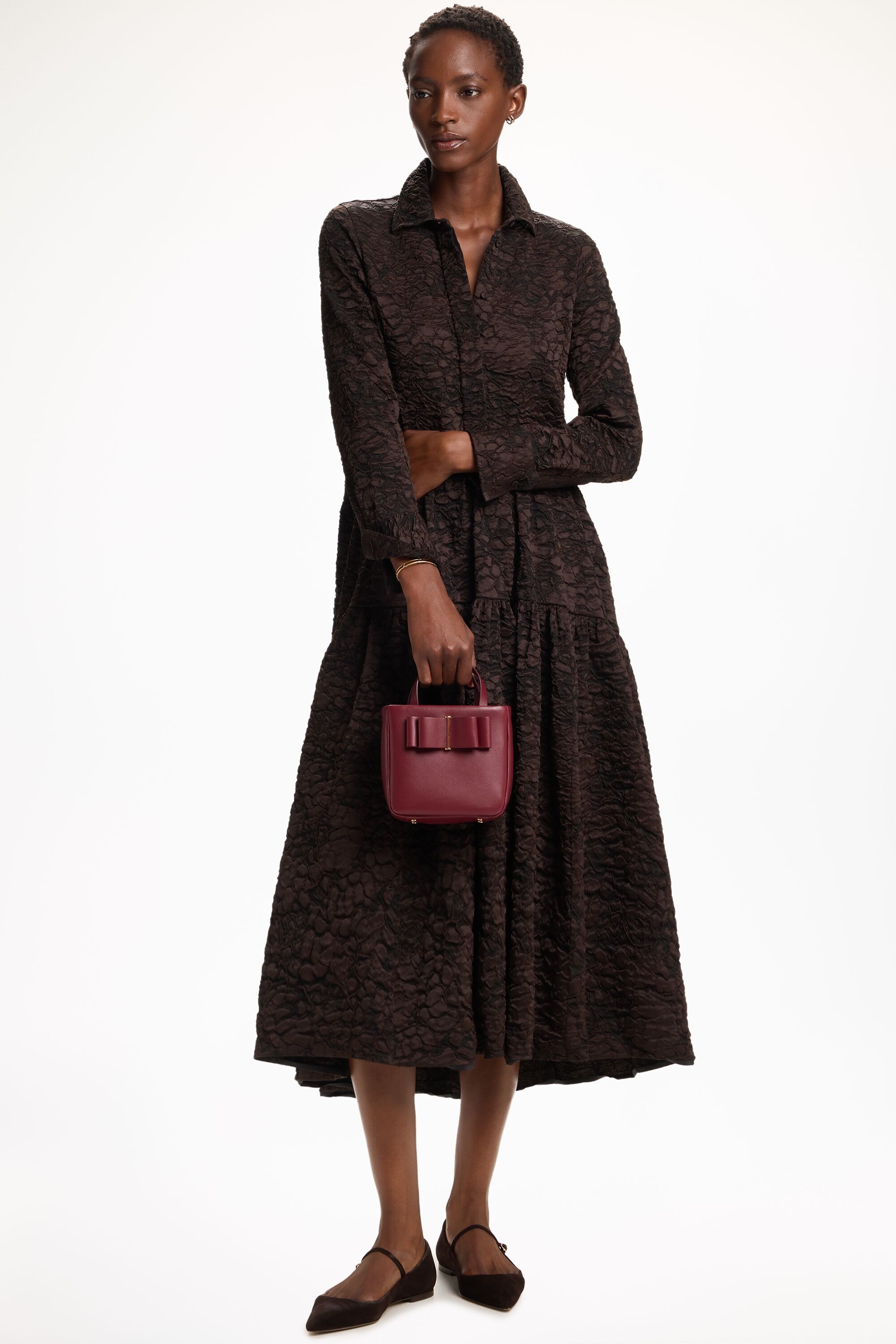 Ruffled Brocade Shirt Dress