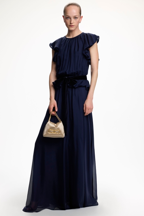 RUFFLED SILK CHIFFON LONG DRESS