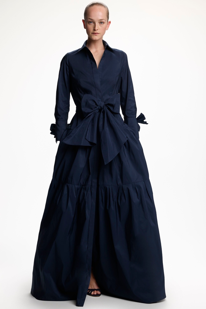 Taffeta Long Shirt Dress with Bows