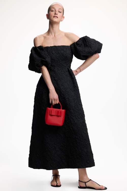 VESTIDO MIDI BANDEAU DE BROCADO