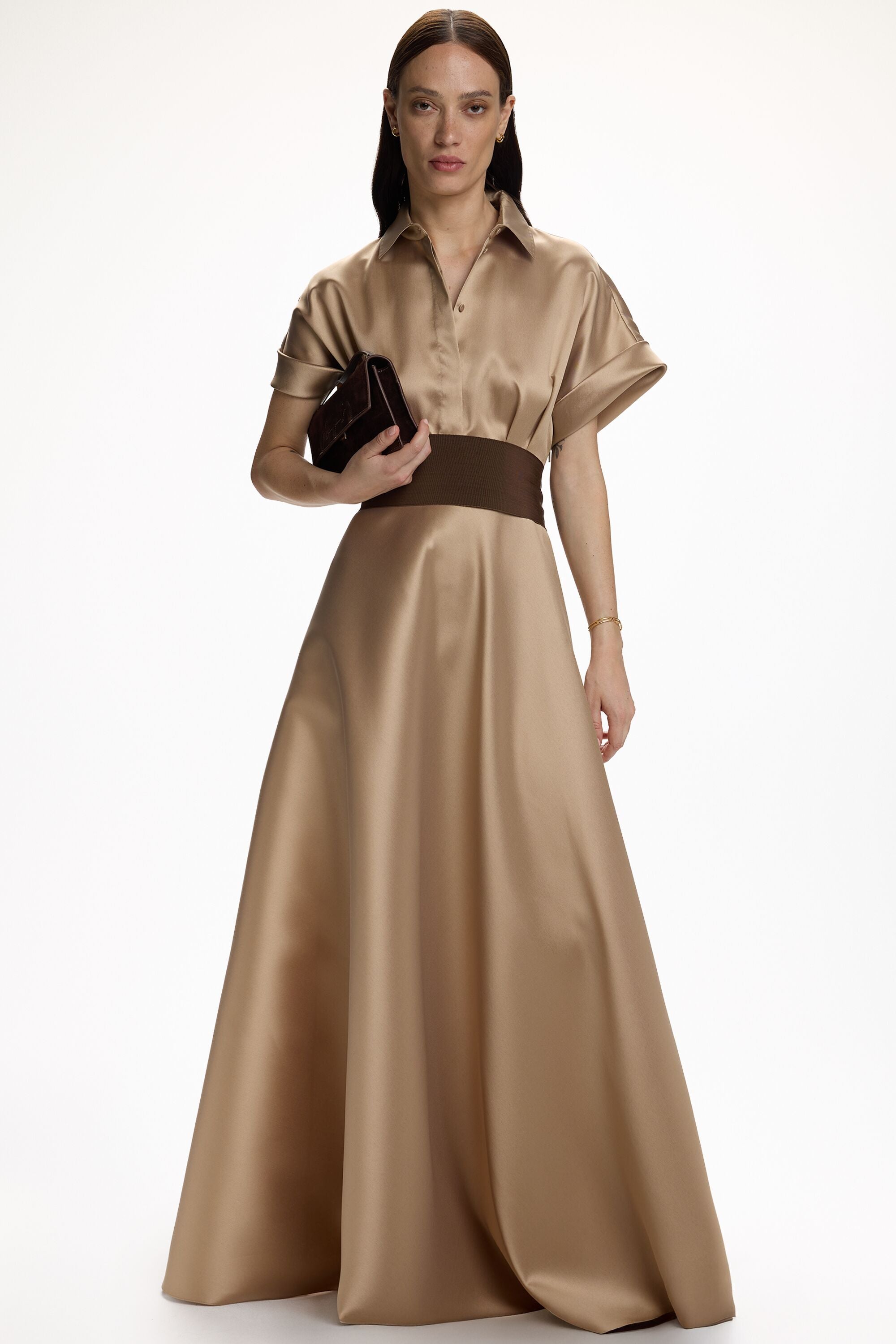 carolina herrera shirt dress gown Mikado Shirt Dress with Sash camel
