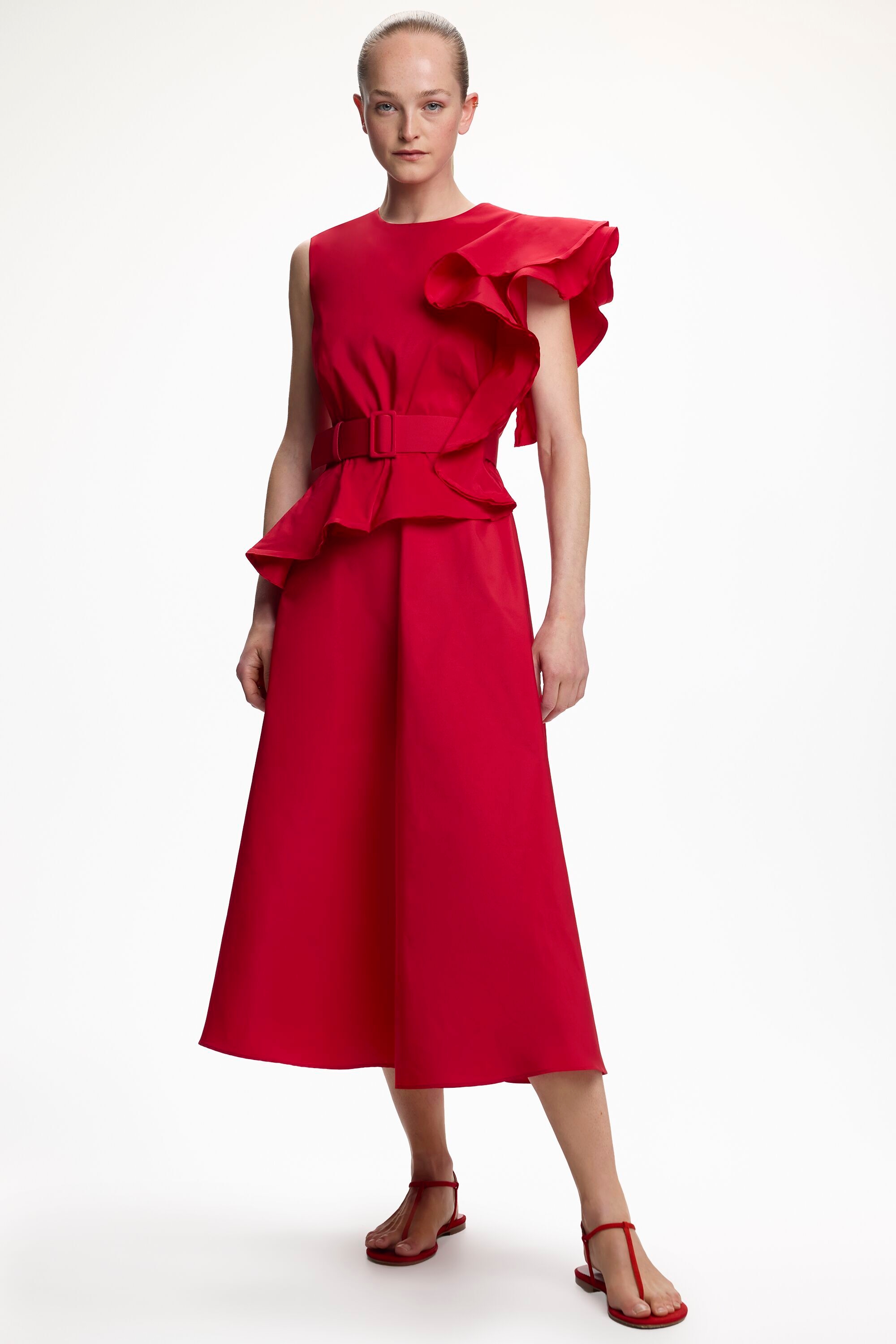 Taffeta Midi Dress with Asymmetric Ruffle