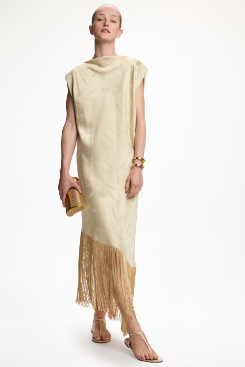 JACQUARD CREPÉ STRAIGHT-FIT DRESS WITH FRINGES