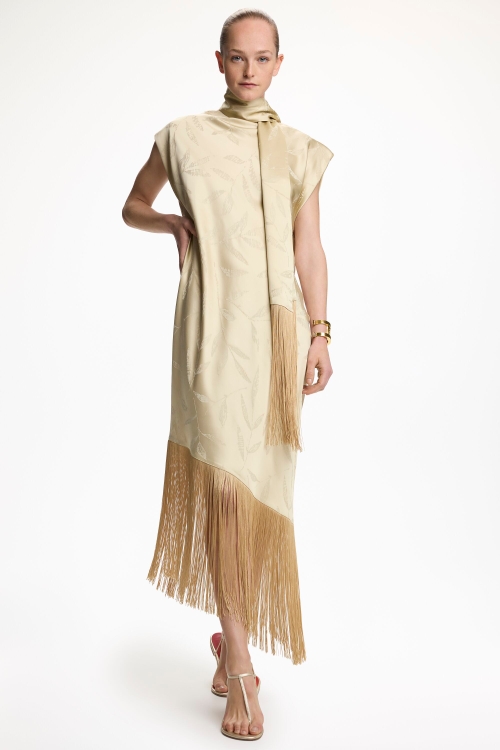 JACQUARD CREPÉ STRAIGHT-FIT DRESS WITH FRINGES