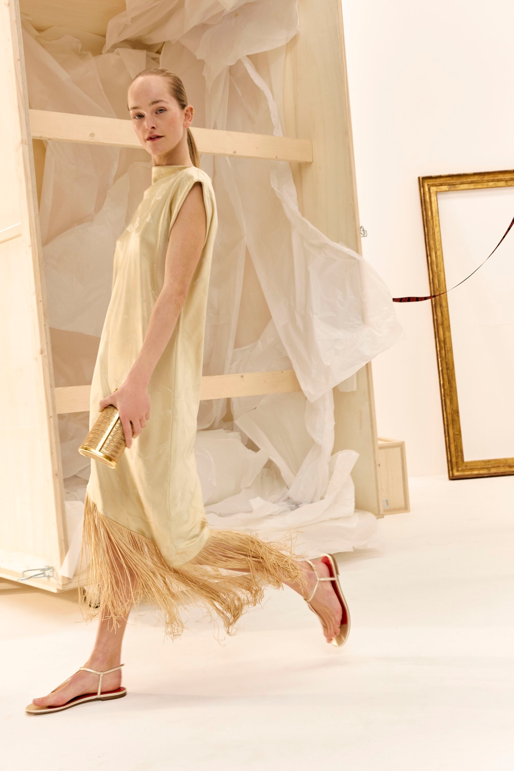 JACQUARD CREPÉ STRAIGHT-FIT DRESS WITH FRINGES