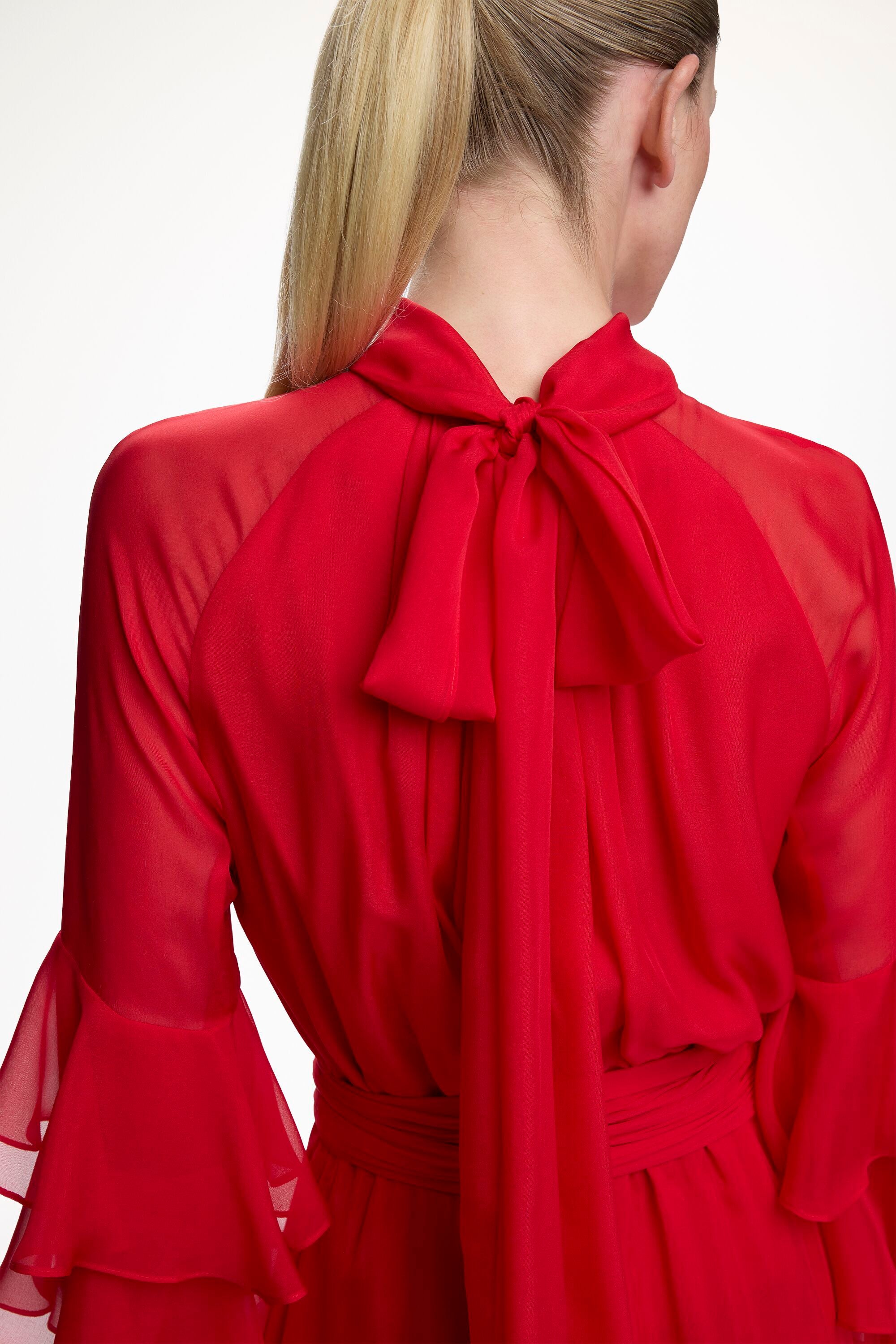 red silk chiffon dress 80s Red Silk Chiffon Flowy Maxi Dress Vintage Halter Empire Waist Formal Evening Long Dress